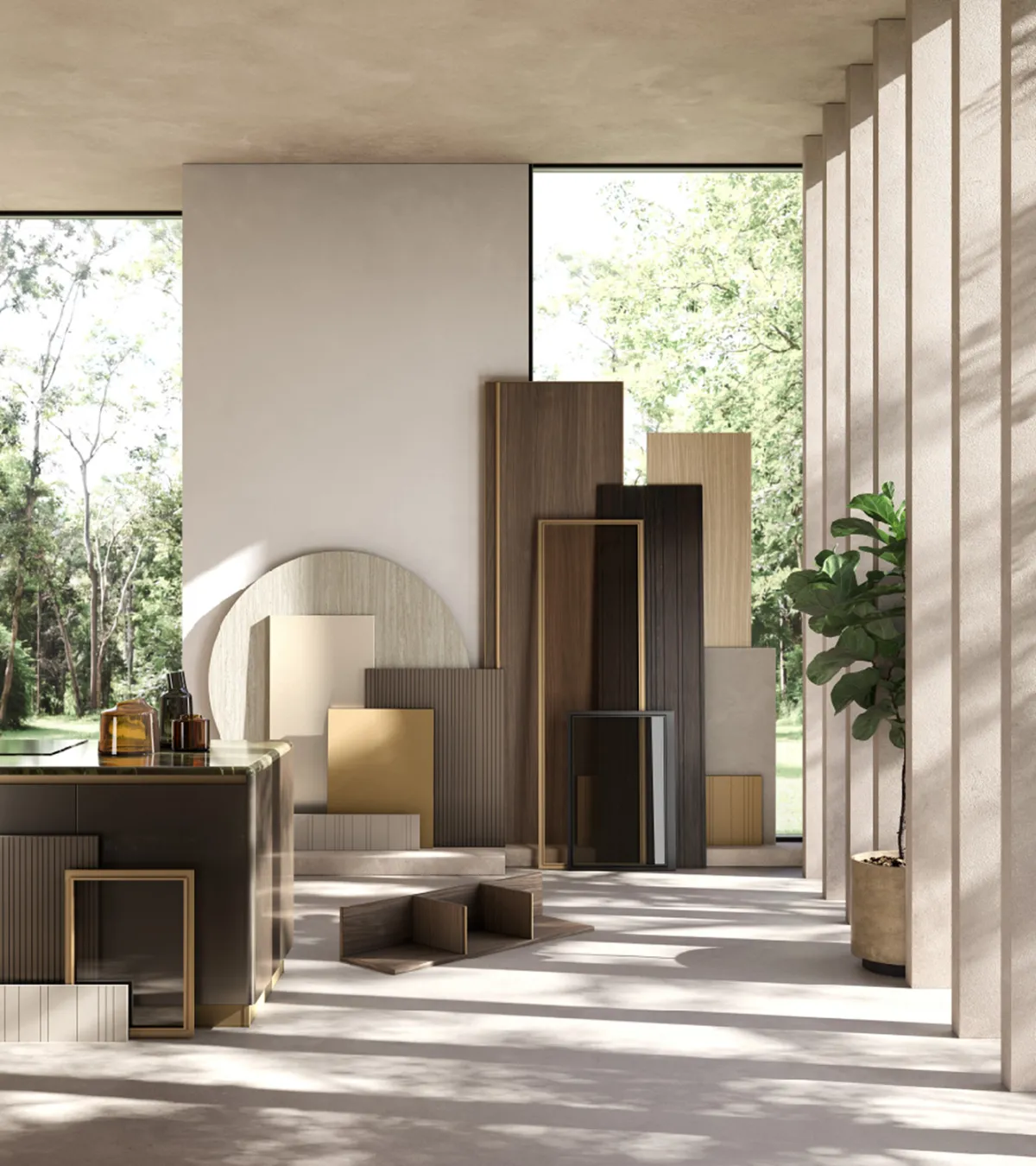 Moodboard φινιρισμάτων GF Interiors — δείγματα σε ξύλινο καπλαμά, ραβδωτά πάνελ, μπρούντζο και καπνιστό γυαλί, δίπλα σε σκούρα νησίδα κουζίνας
