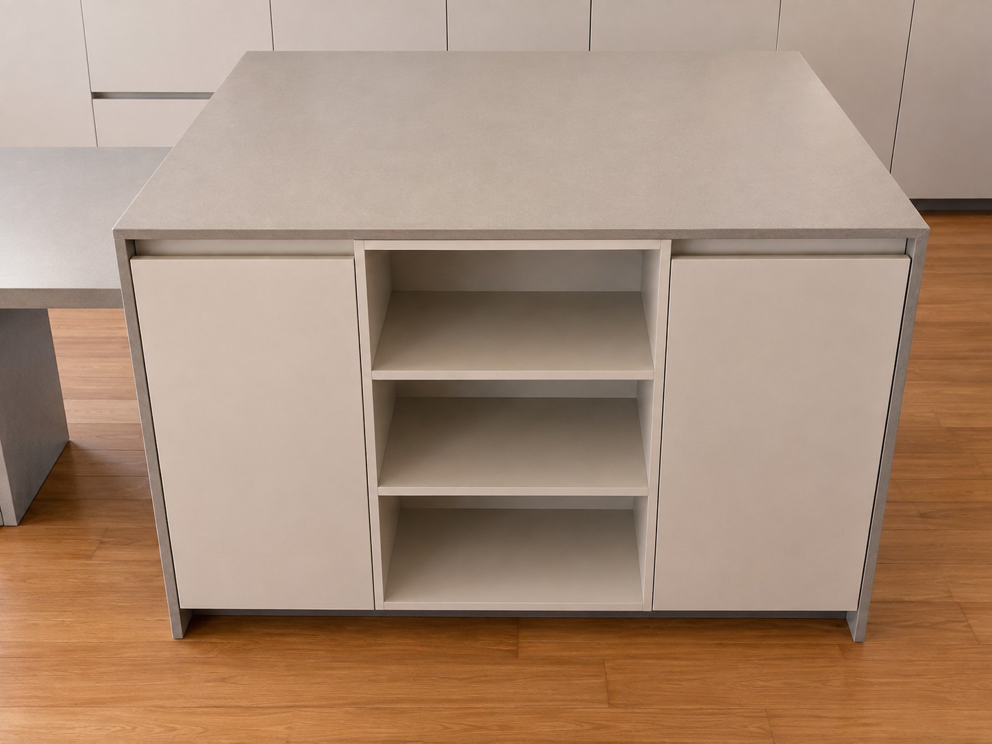 Gentili Time island with a waterfall worktop and open shelving — detail, Chalandri