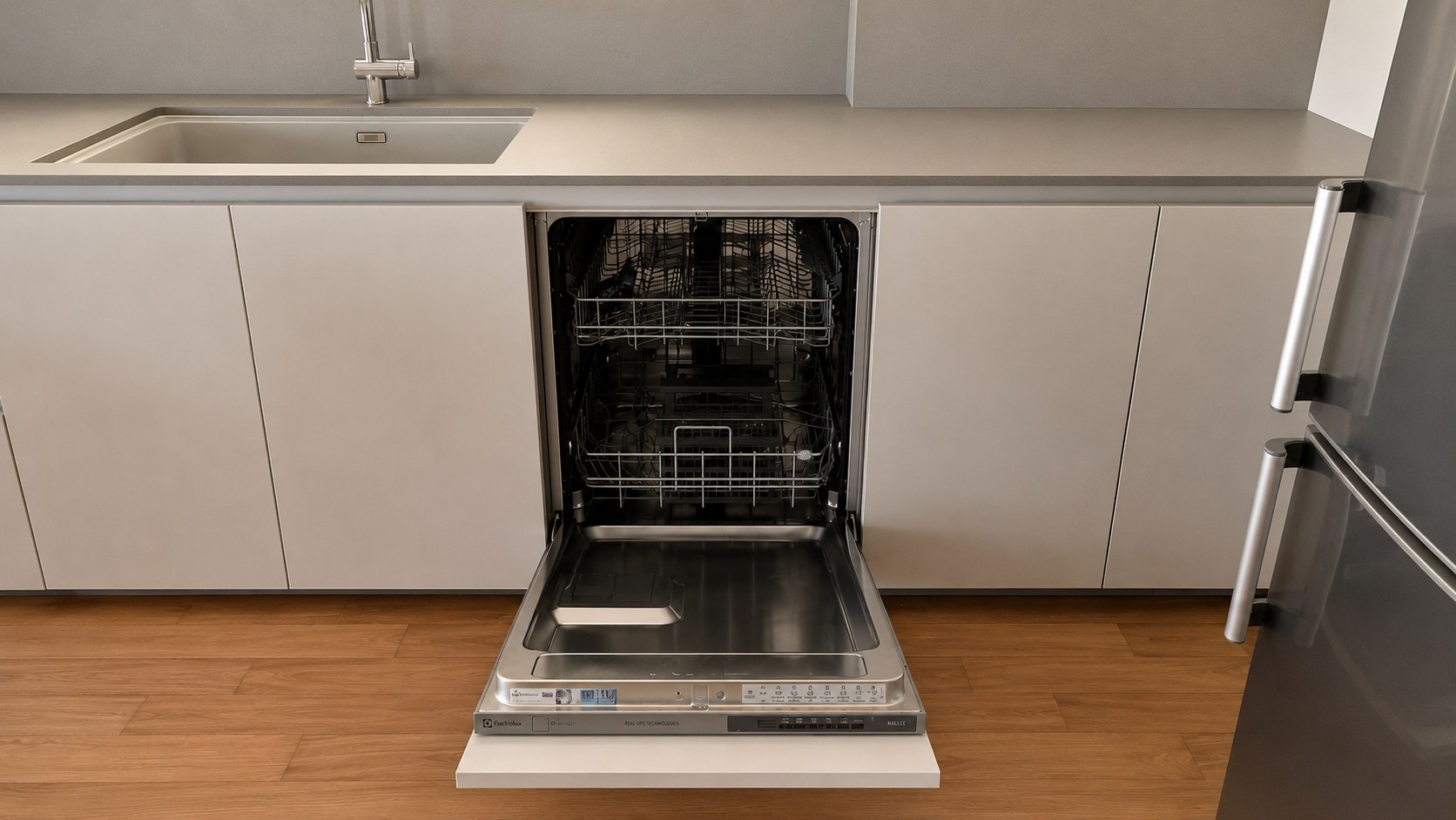 Sink, integrated dishwasher and fridge — detail, Chalandri