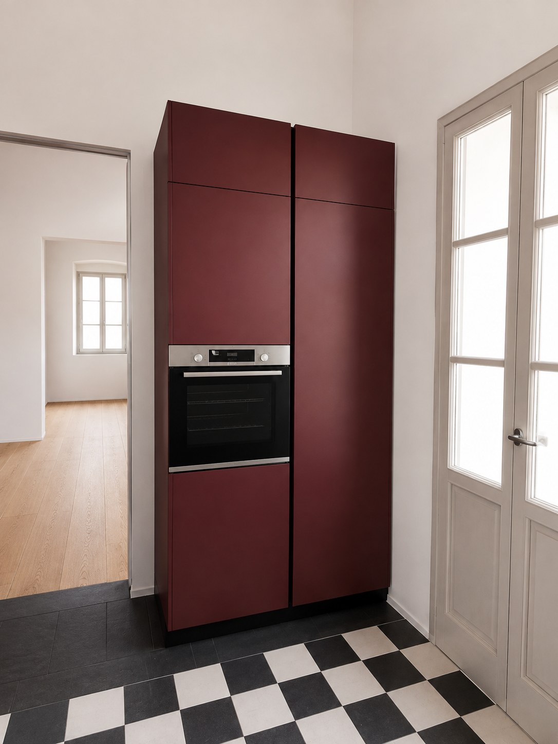 Gentili Time Kitchen in Fenix NTM Rosso Jaipur — Skiathos · Oven column