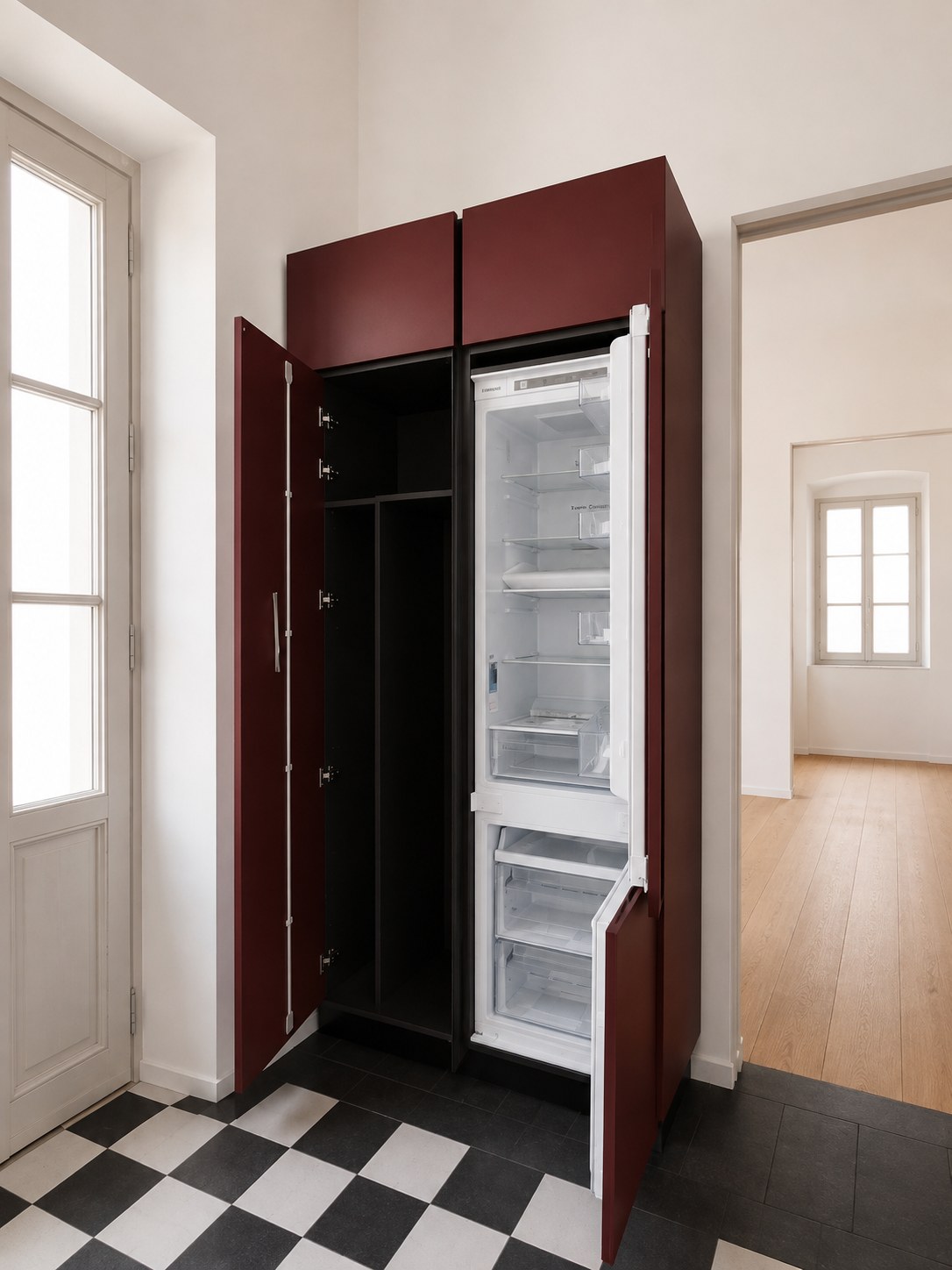 Gentili Time Kitchen in Fenix NTM Rosso Jaipur — Skiathos · Built-in fridge