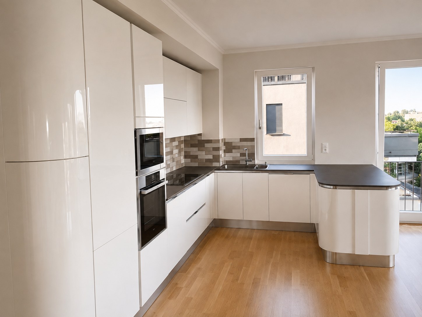 Pedini Arkè Shape kitchen in white lacquer with a grey Fenix worktop — view with the tall units