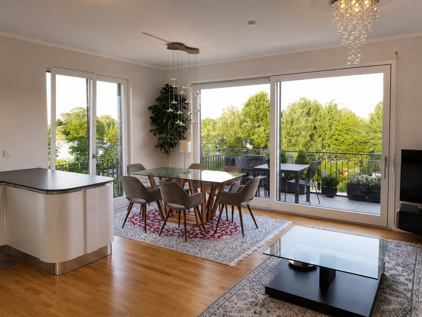 Living and dining area with a lake view, Pedini home in Berlin