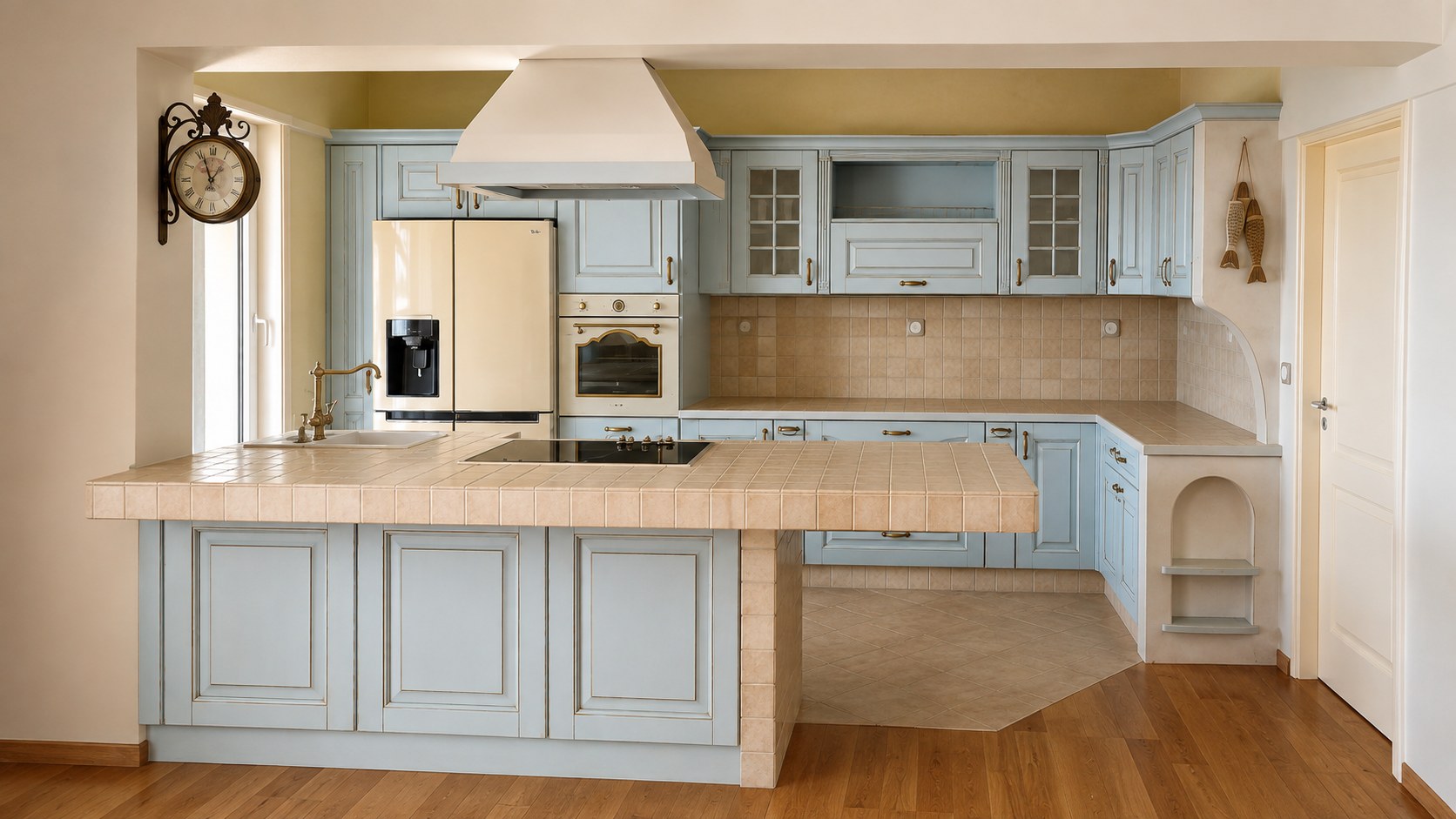 MobilCasa — Sira Eva Acqua di Mare Kitchen with a Tiled Worktop — Kryoneri · general view