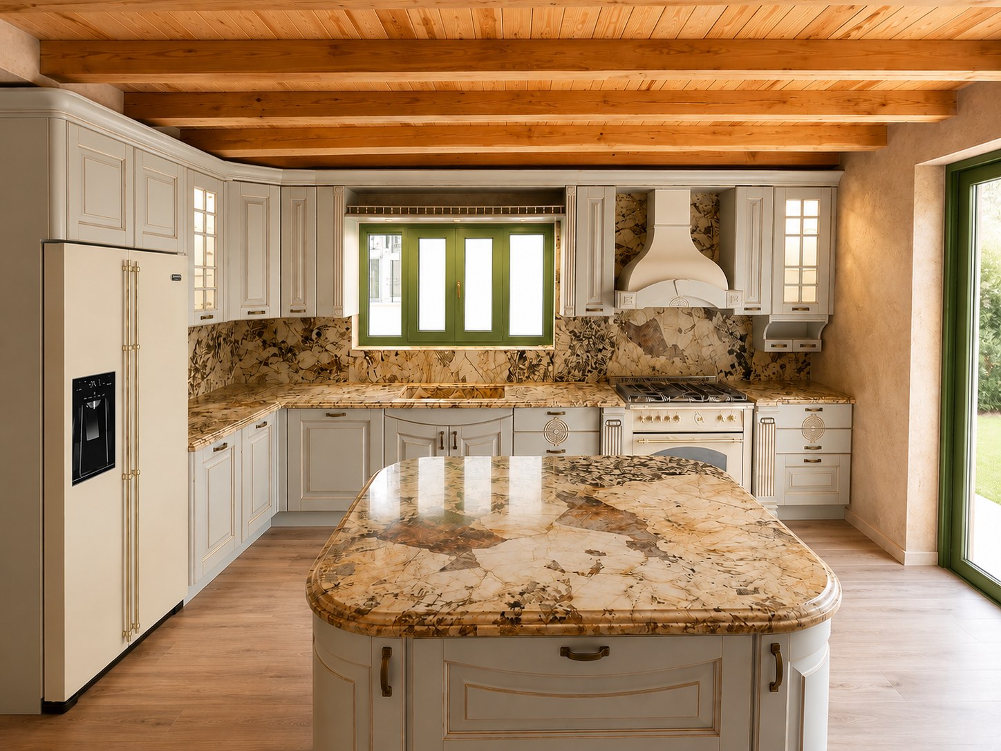 Sira Eva Beige Antico kitchen island in Patagonia quartzite under a beamed wooden ceiling