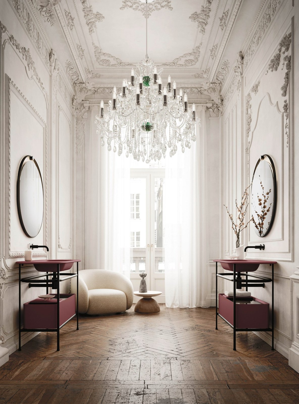 Arbi Almond — Classic bathroom lounge with chandelier