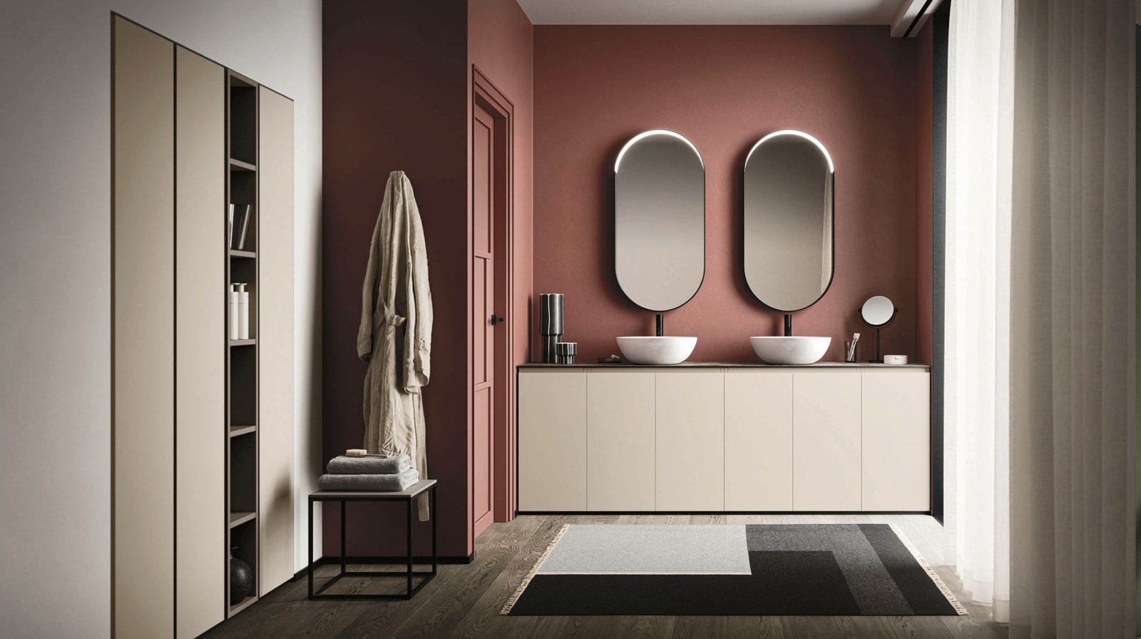 Arbi Ho.me Plus 45 — Double oval mirrors on a burgundy wall