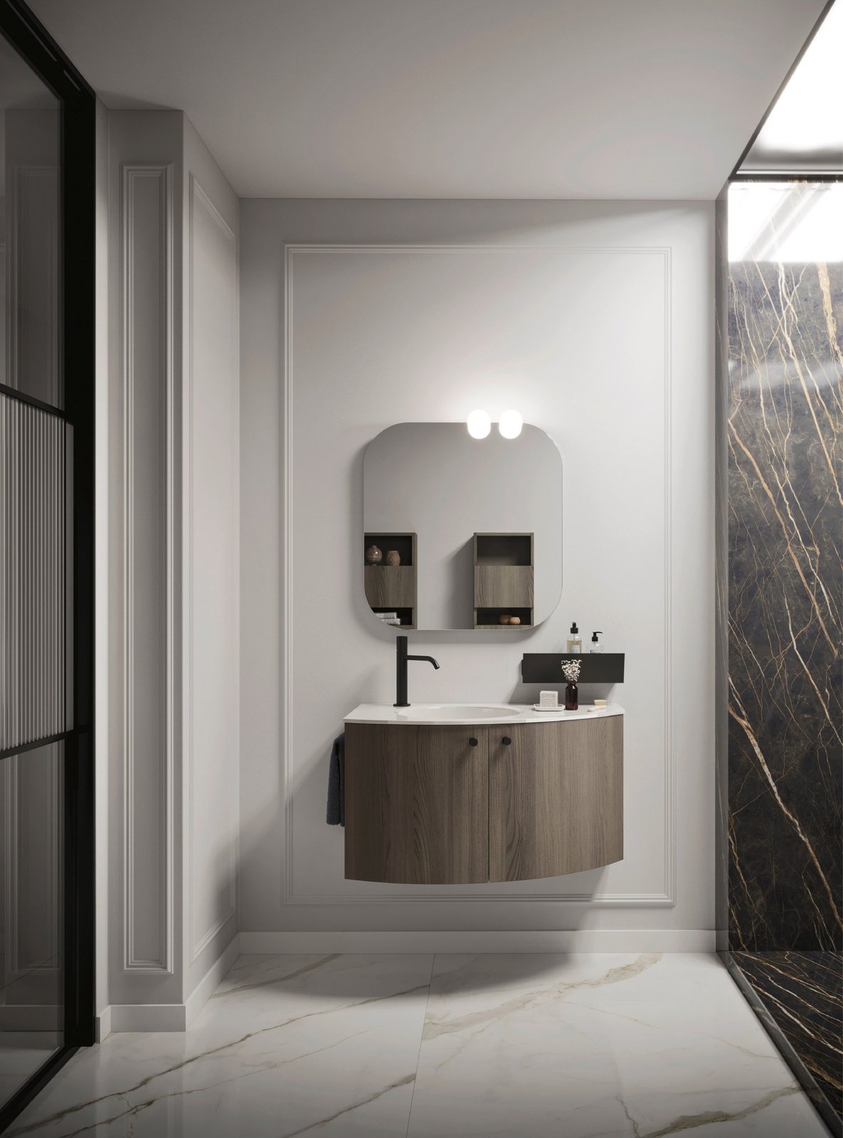 Arbi Ho.me Plus Curvo — Curved walnut unit in marble