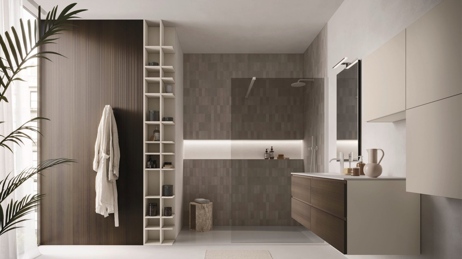 Arbi Ho.me Plus J — Dark stone bathroom with wooden vanity unit