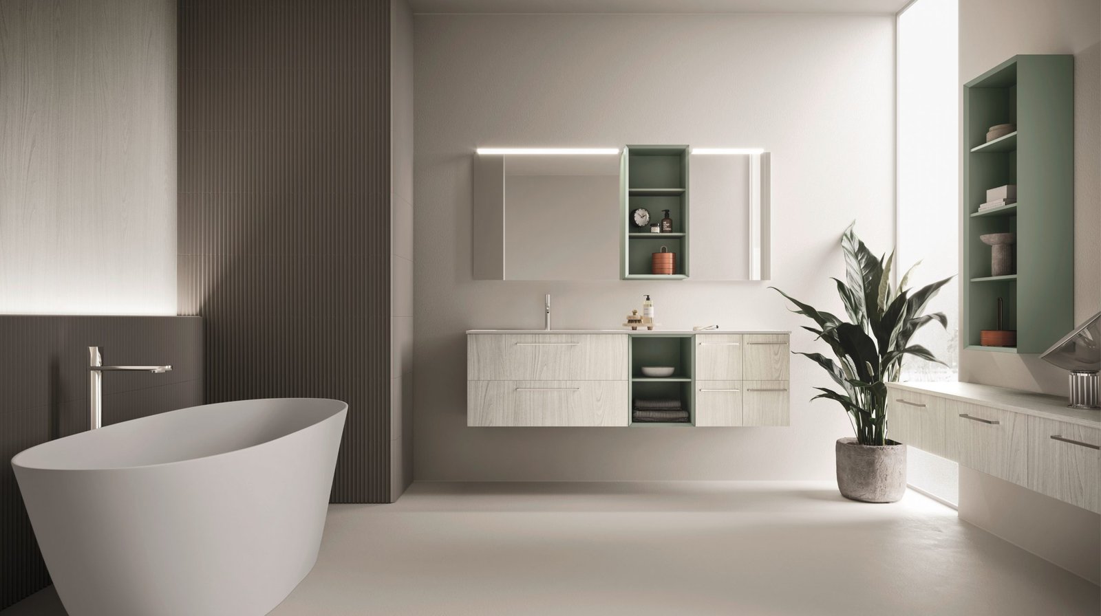 Arbi Ho.me Plus Liscio — Open space with a bathtub & green storage units