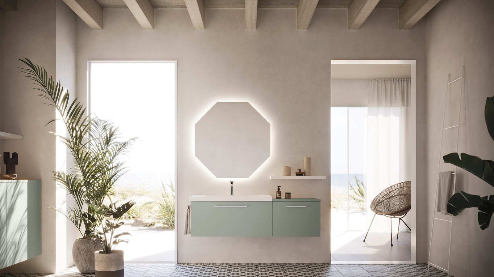 Arbi Ho.me Plus Liscio — Mint basin under an octagonal mirror