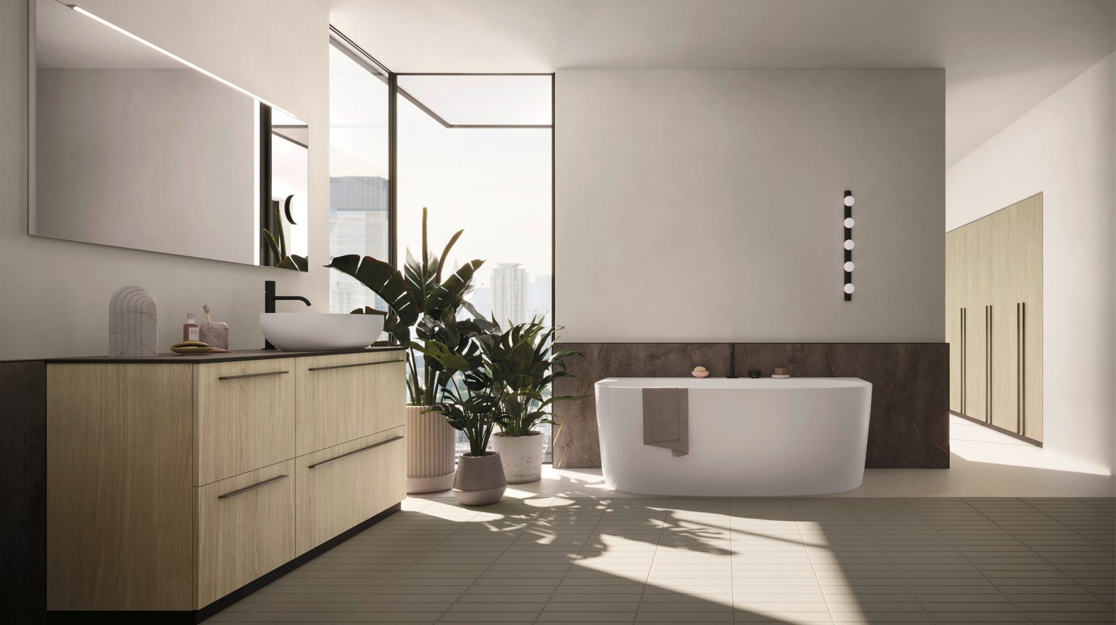 Arbi Ho.me Plus Liscio — Oak veneer next to the bathtub
