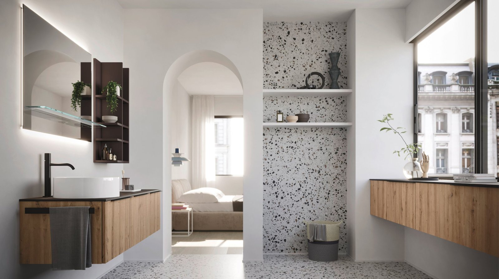 Arbi Ho.me Plus Liscio — Dark wooden unit in a terrazzo bathroom