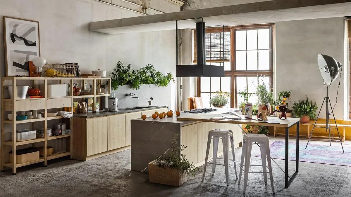 Modern Callesella Fly kitchen in solid wood, with flat doors and open shelves