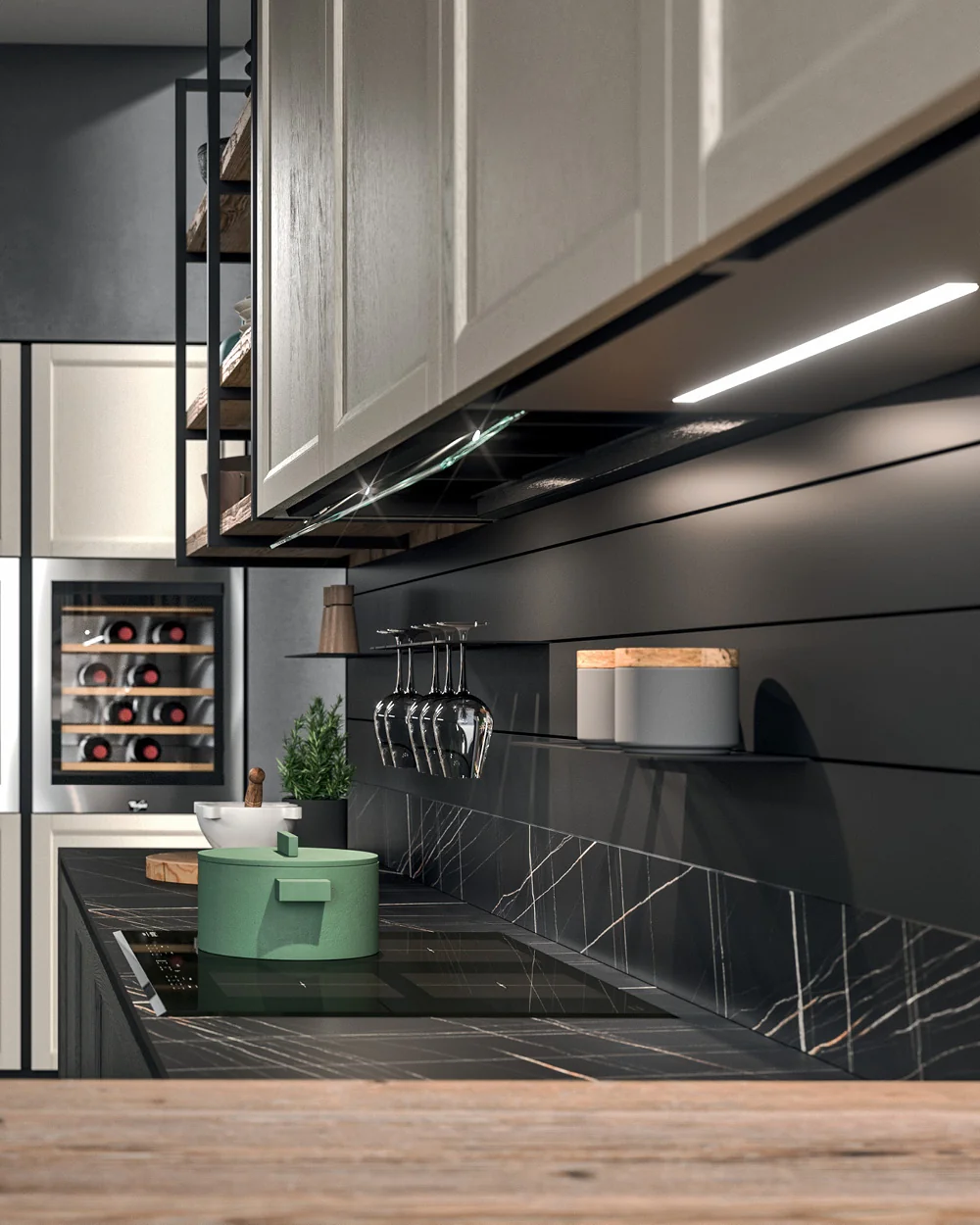 Linear LED strip under the wall units, lighting the work surface