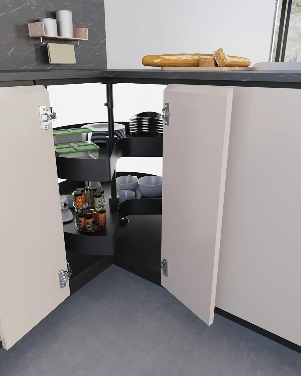 Revolving trays in a corner base unit, reaching the full depth of the cabinet