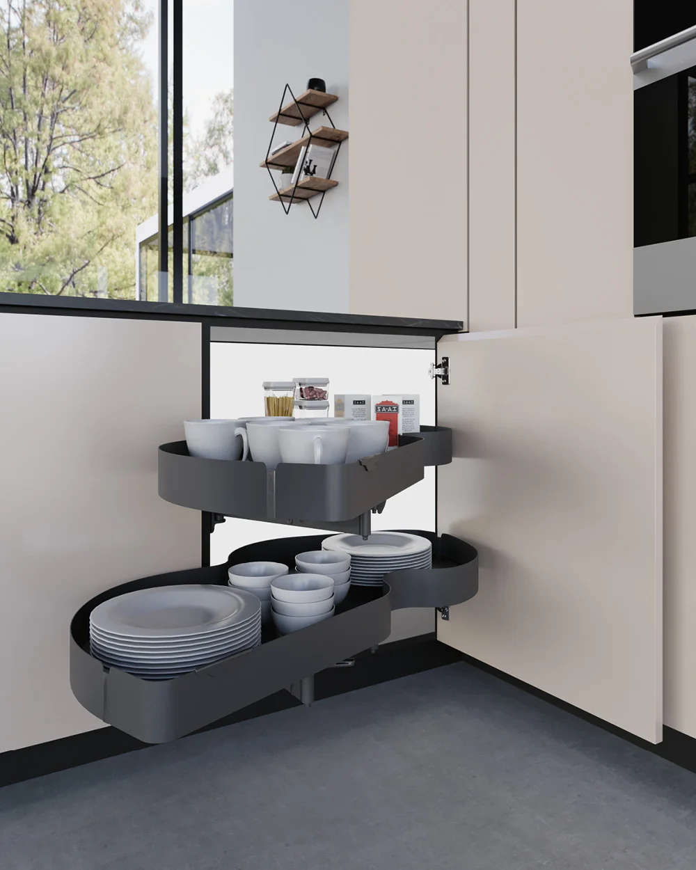 Corner mechanism that slides the baskets clear of the cabinet in one movement