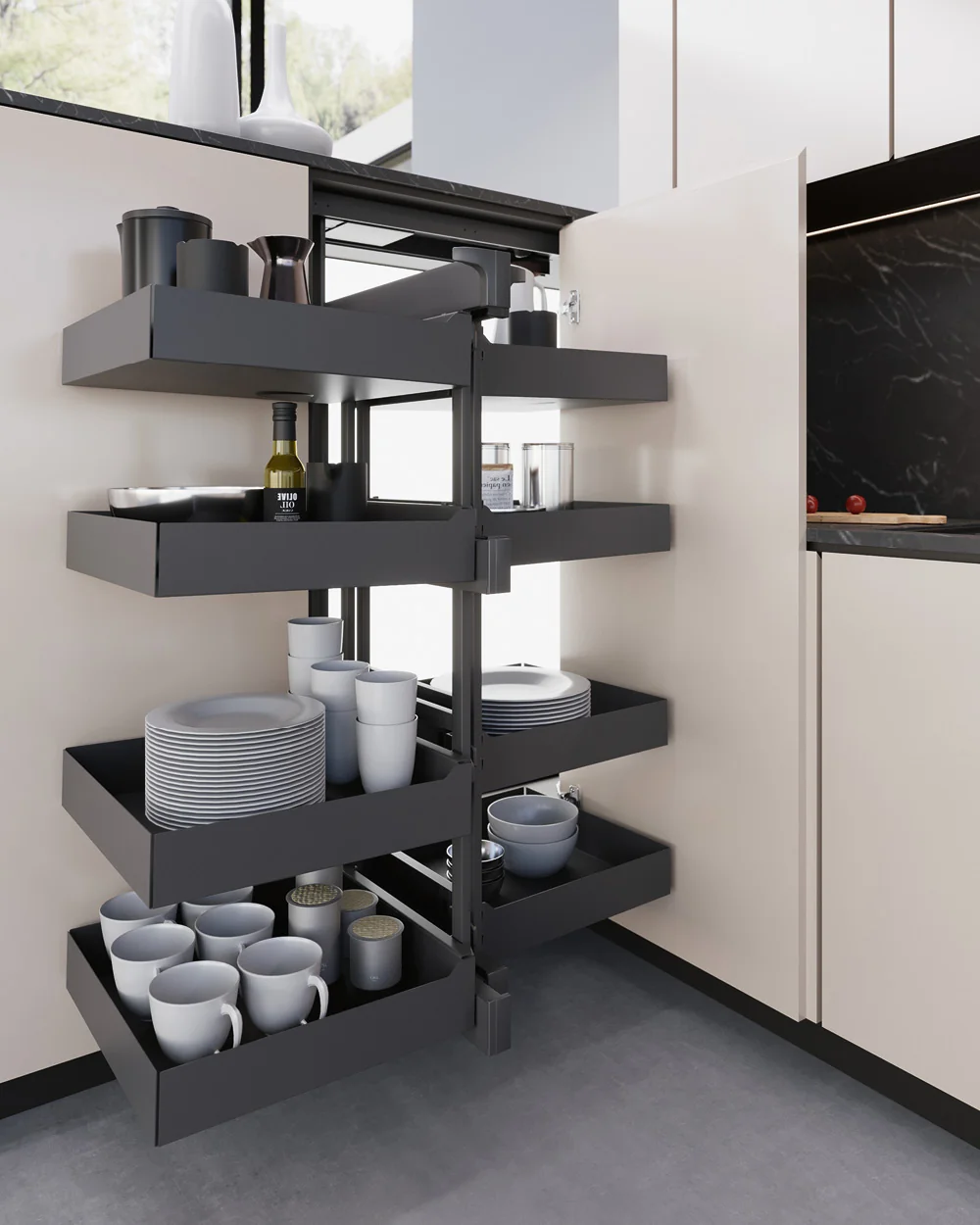Corner tall unit whose mechanism brings the shelves out of the dead corner