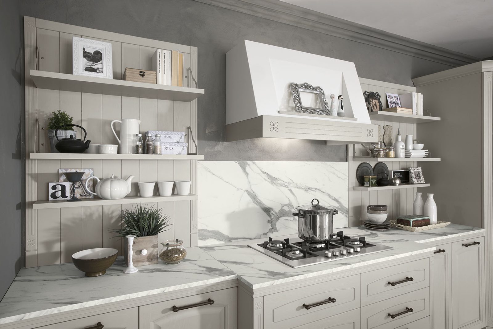 Febal Casa Gala 01 · Bianco & Calacatta — Εστίες & Ράφια