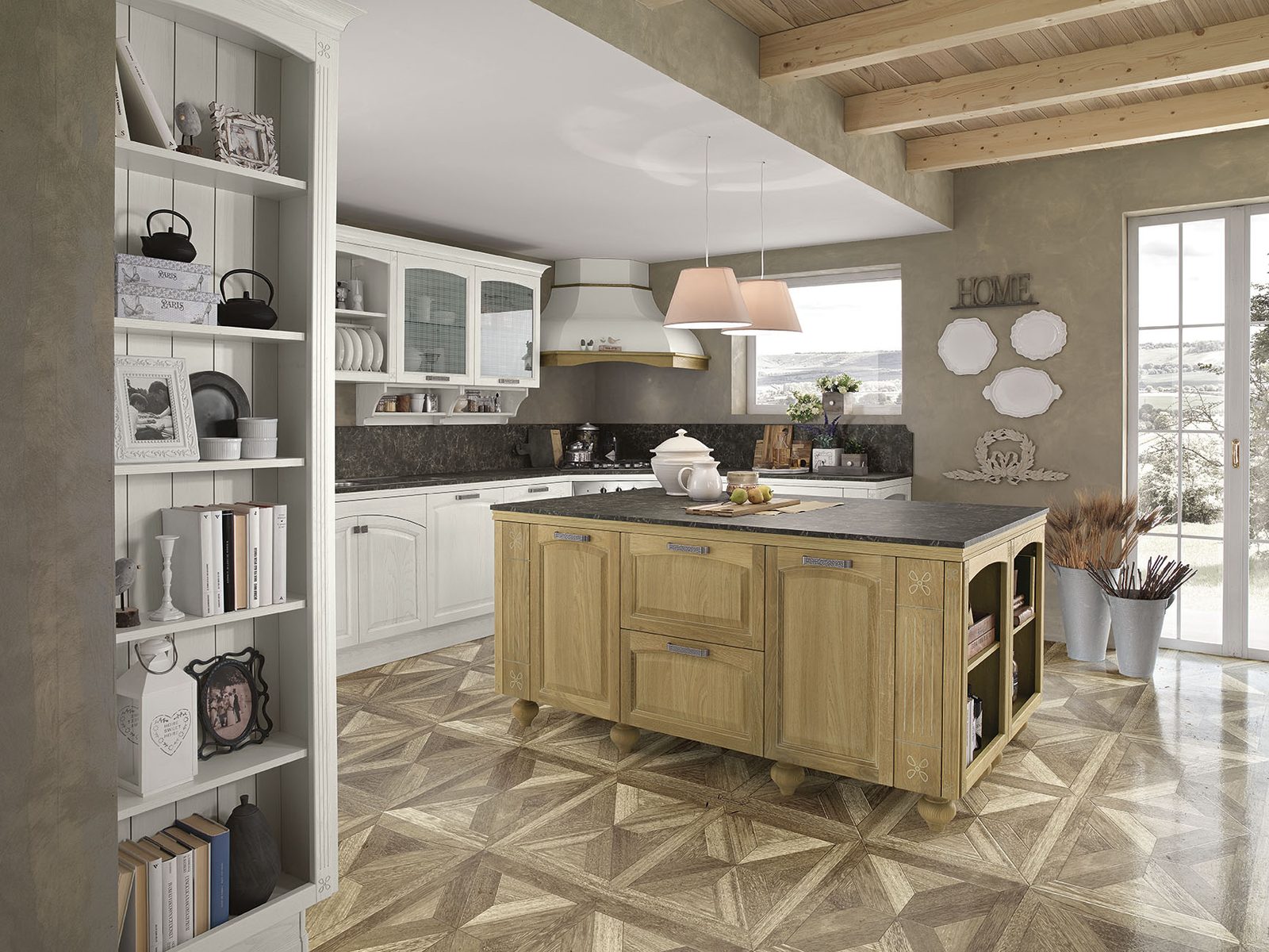 Febal Casa Gala 04 · Bianco & Rovere — Νησίδα & Βιβλιοθήκη
