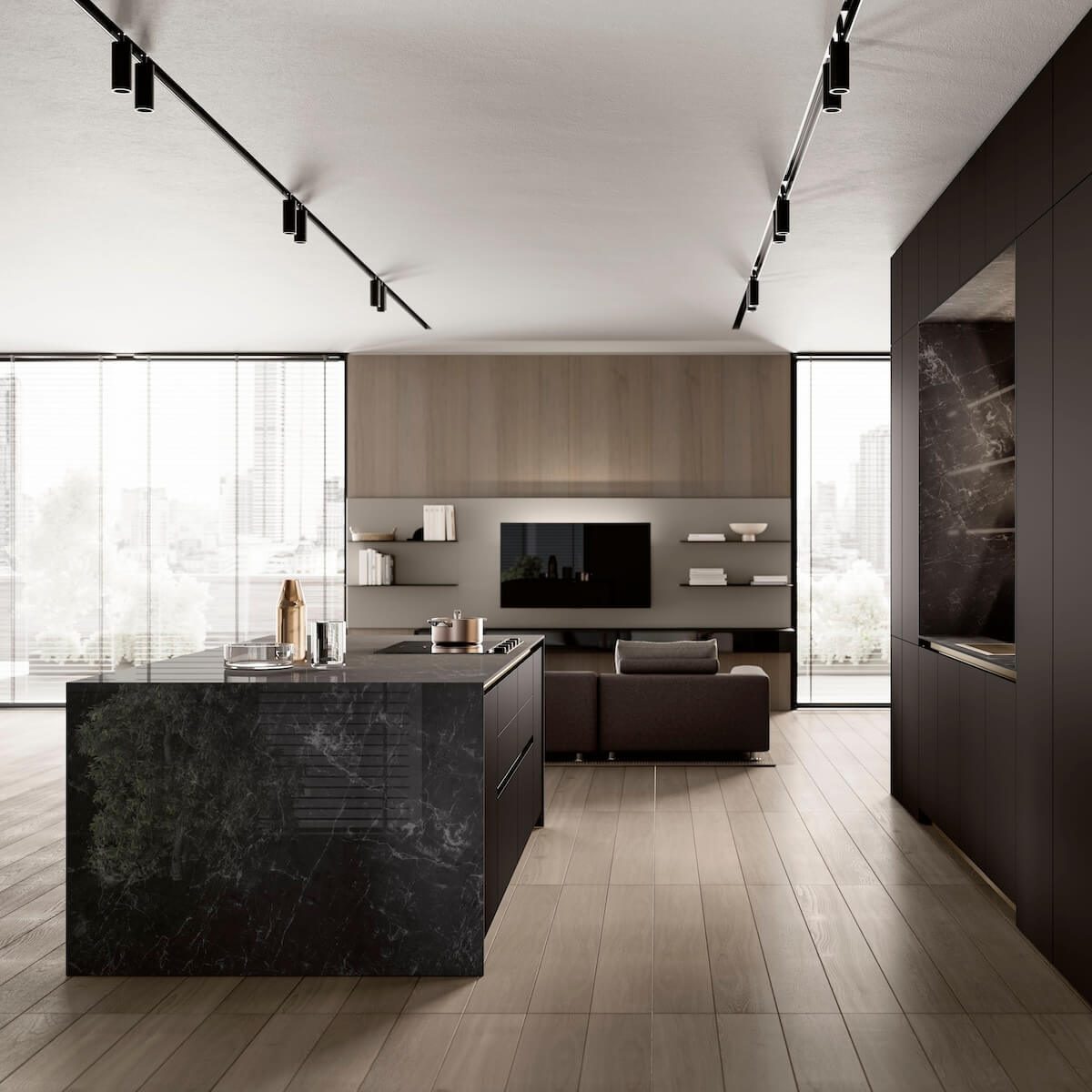 Febal Casa Modula 01 · Nero Ardesia & Rovere Europeo — Νησίδα & Καθιστικό
