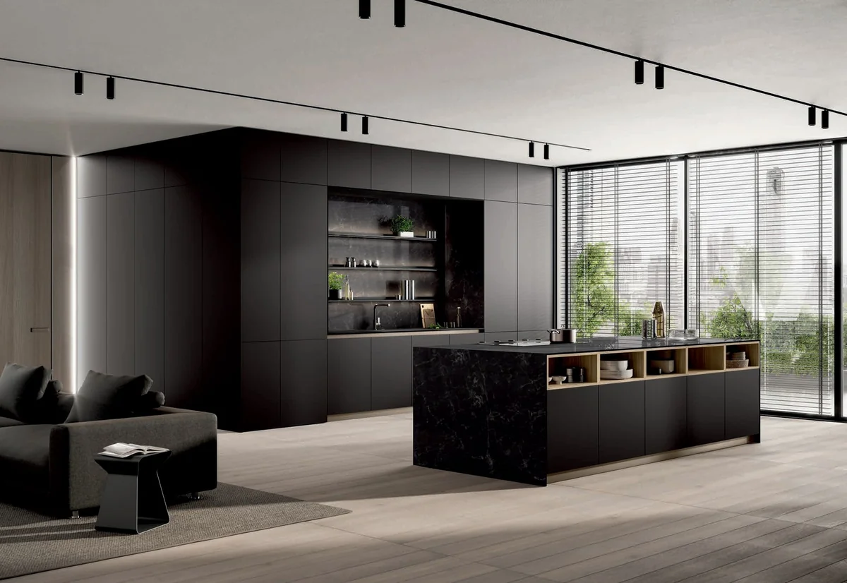 Febal Modula kitchen in an open-plan space, with dark units and wooden surfaces