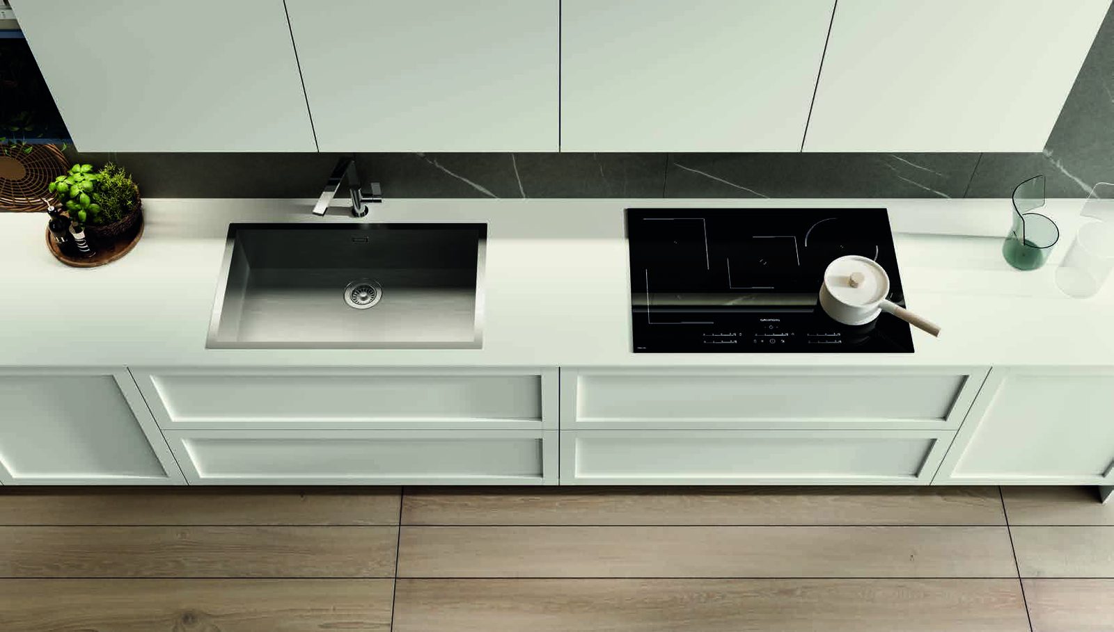Febal Casa Modula 06 · Bianco Touch & Noce — Πάγκος & εστίες