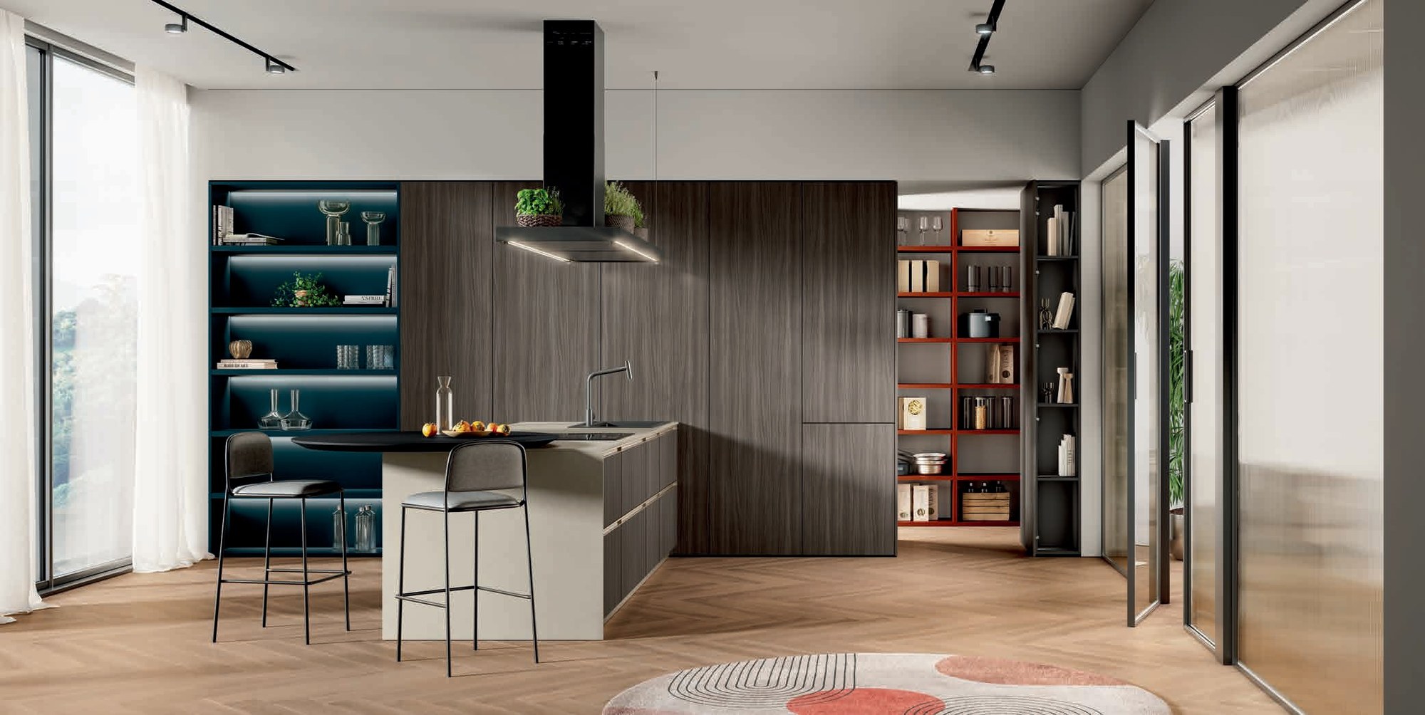 Febal Casa Modula 11 · Rovere Asiatico & Blu Notte — Νησίδα & Τραπέζι