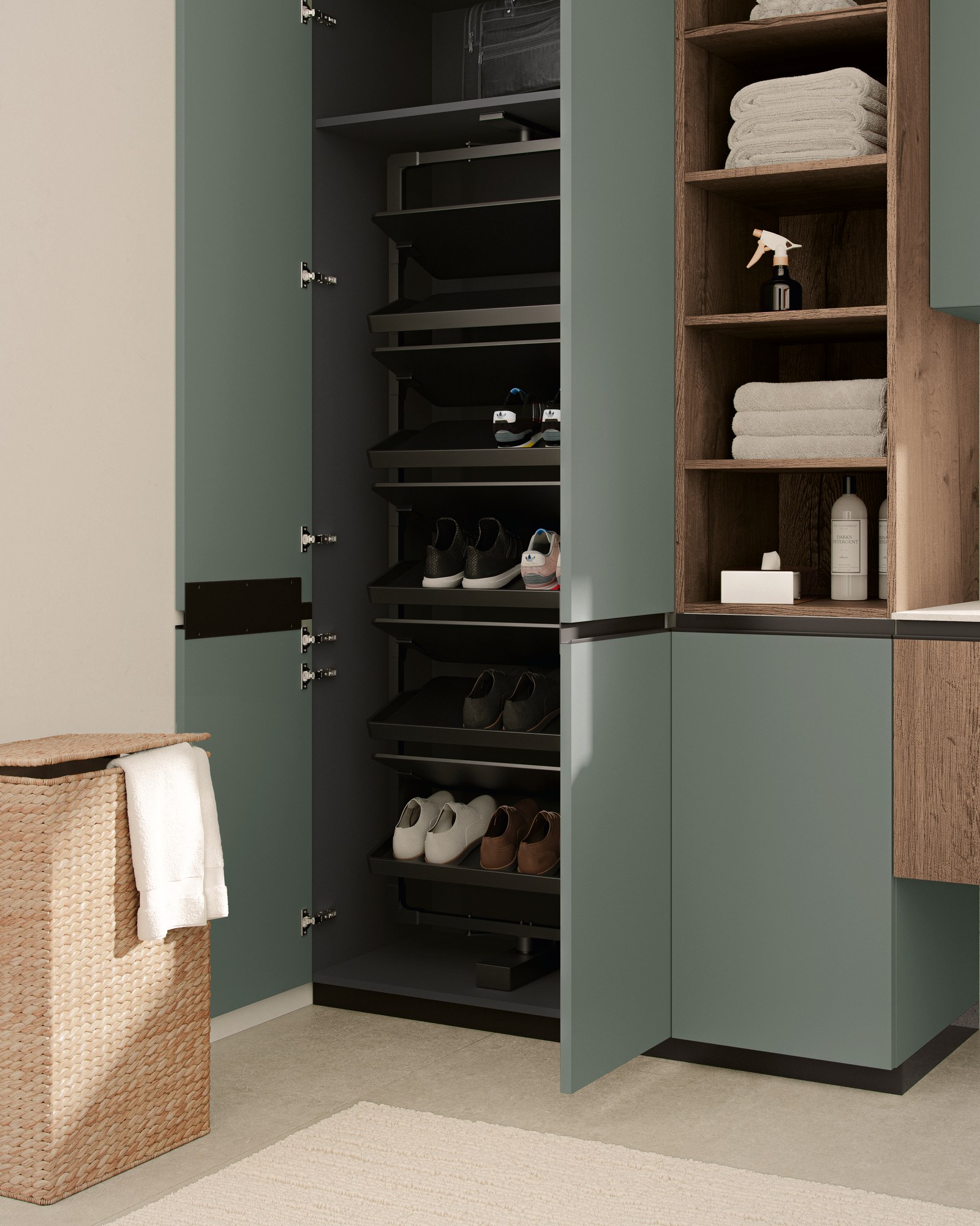 Gentili Cucine Smart Touch · Lavanderia — Συρόμενη παπουτσοθήκη και καλάθι ρούχων