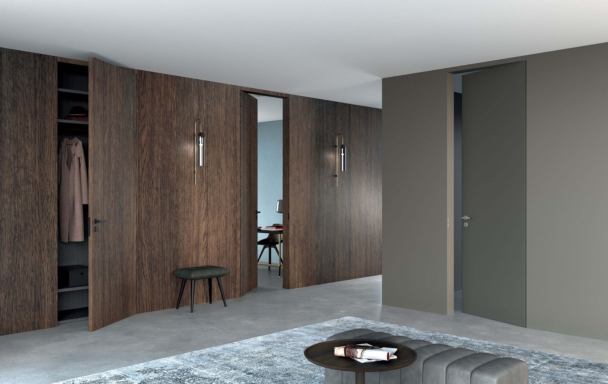 GF Interiors E.S.P. CORE & FUSION WALL — Σύστημα E.S.P. Core & Fusion Wall — πόρτα και boiserie σε ενιαία επιφάνεια τοίχου.
