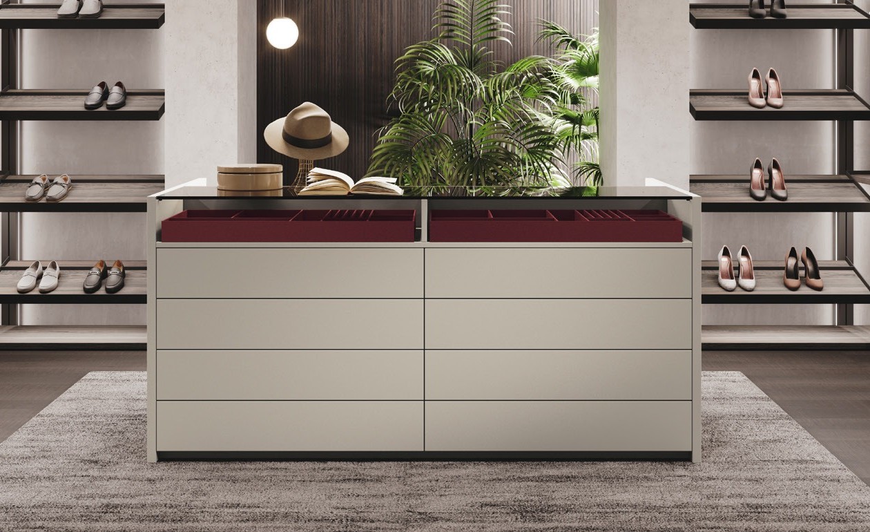GF Interiors Duke Island — Detail of the Duke island in Sahara BG lacquer with velvet jewellery trays and a glass top.