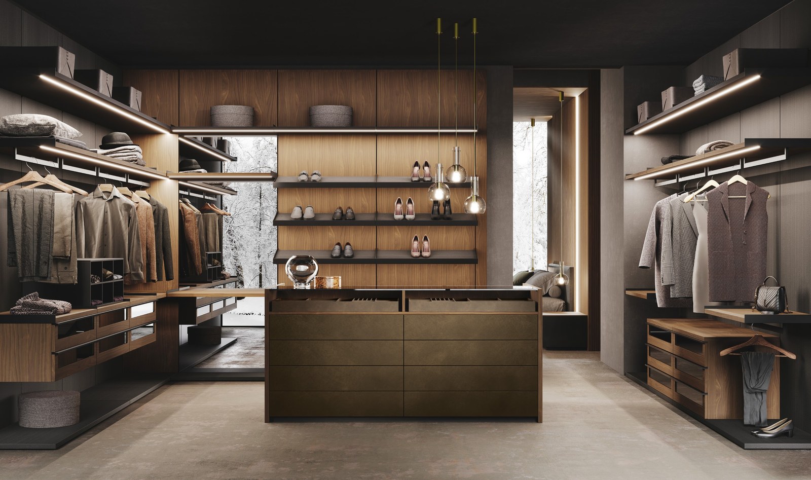 GF Interiors Duke Island — Duke island in Brunito metallic lacquer as the centrepiece of the Walking walk-in.