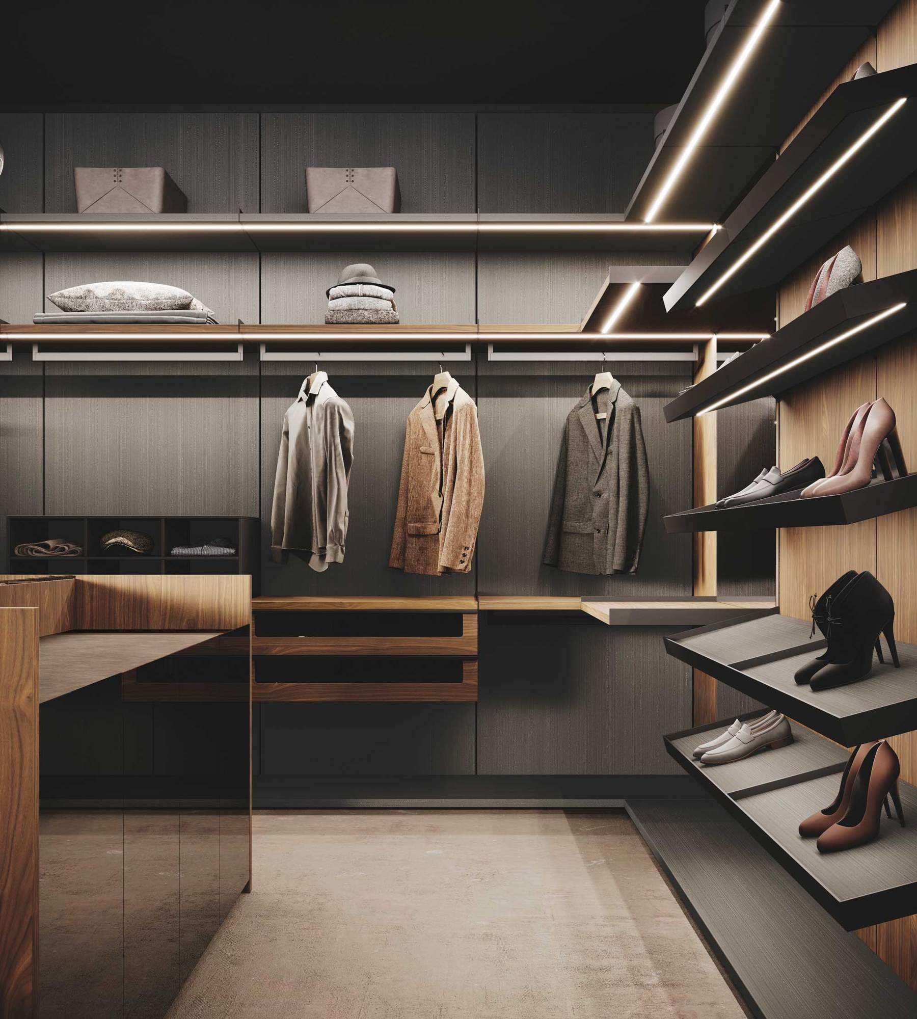 GF Interiors Duke Island — Duke island with open shelving and clothing.