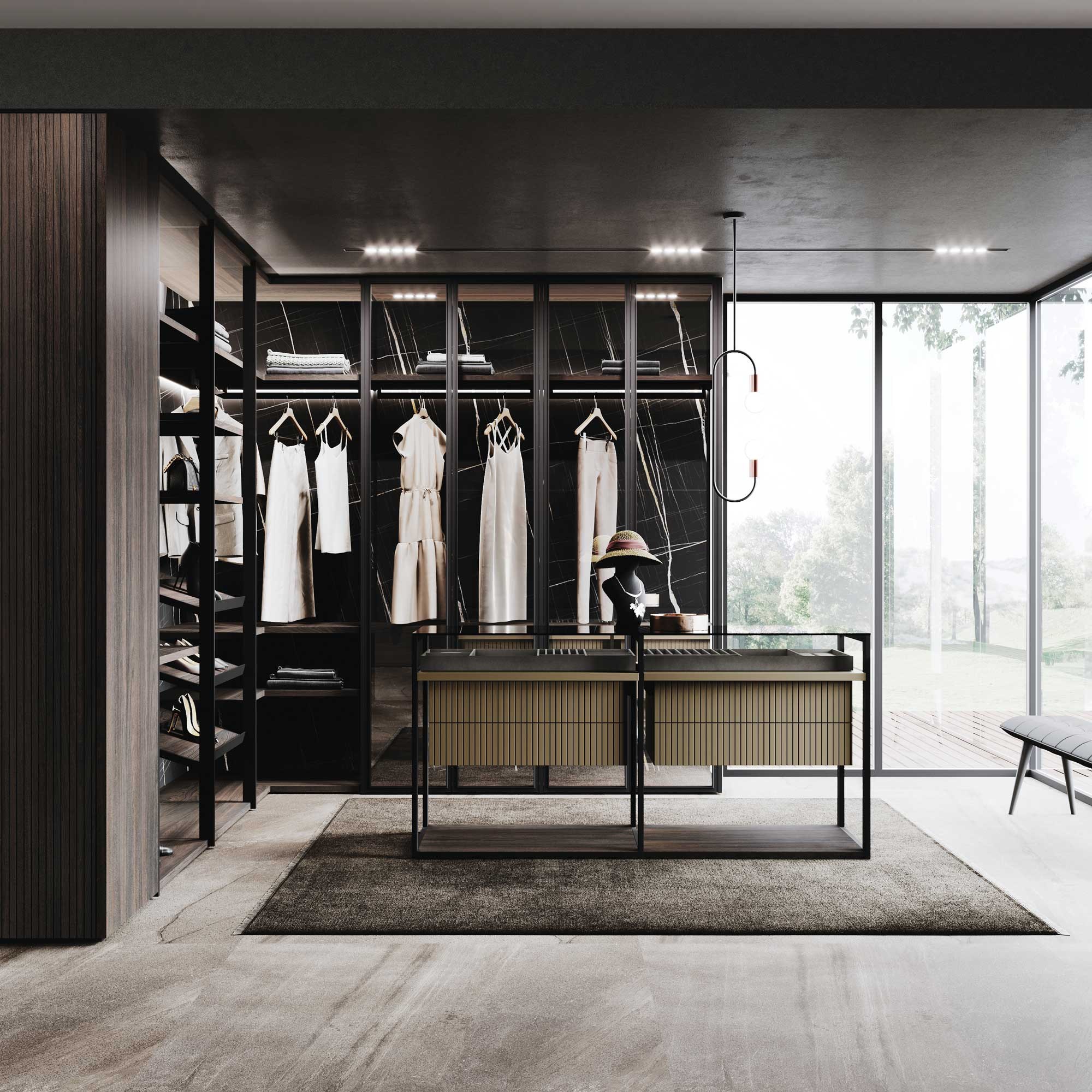 GF Interiors Naked Island — Naked island — a central dressing island with an aluminium partition and trays.
