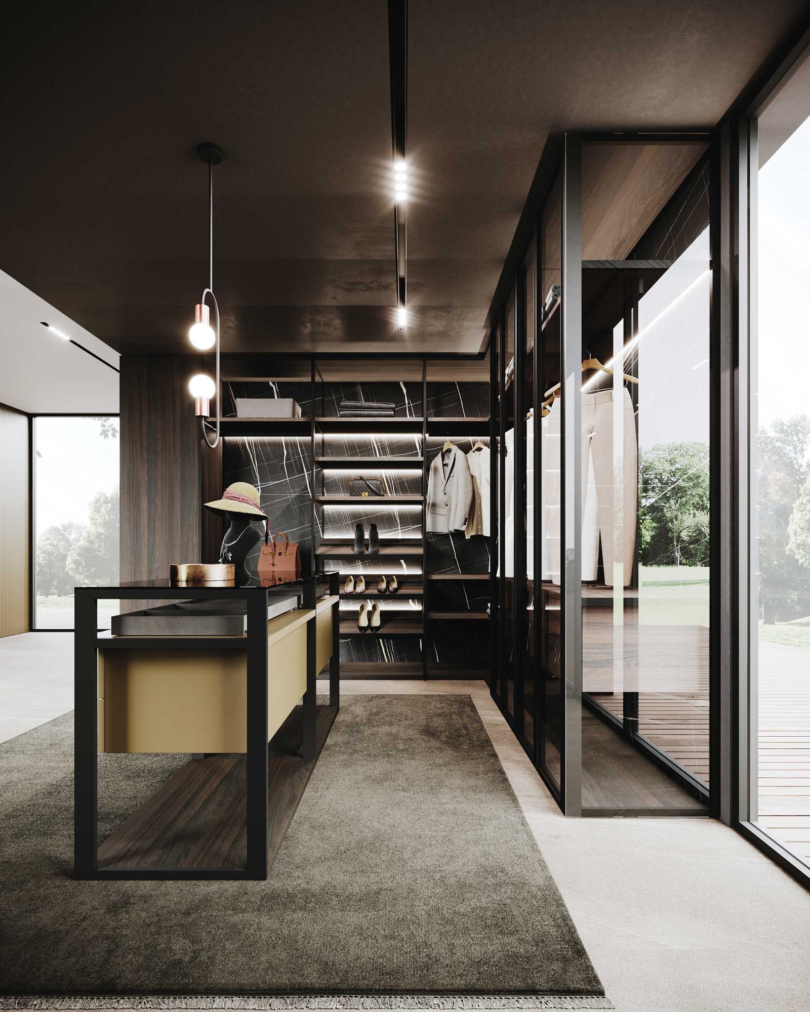 GF Interiors Naked Island — Naked island — a central dressing island with an aluminium partition and trays.