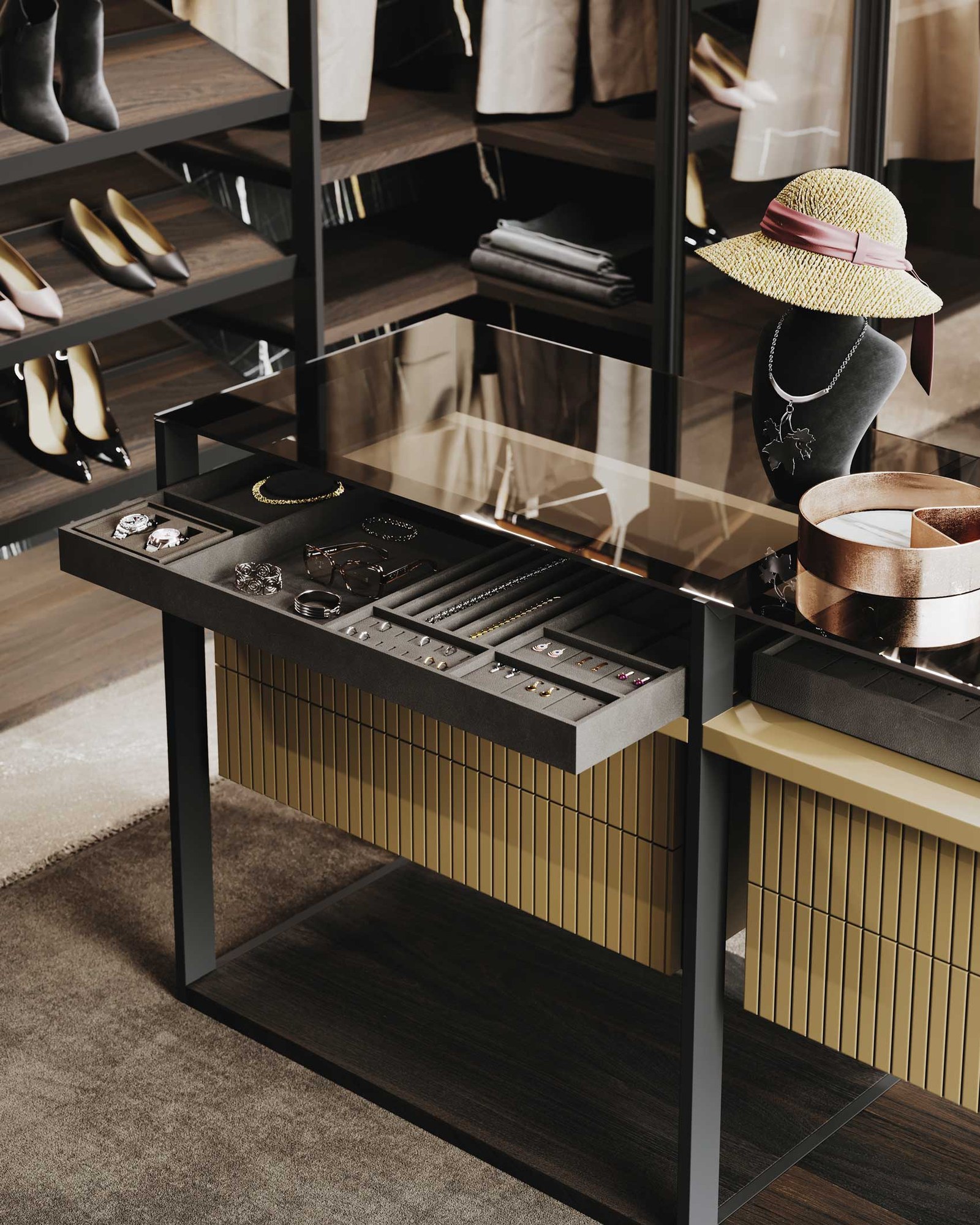 GF Interiors Naked Island — Naked island — a central dressing island with an aluminium partition and trays.