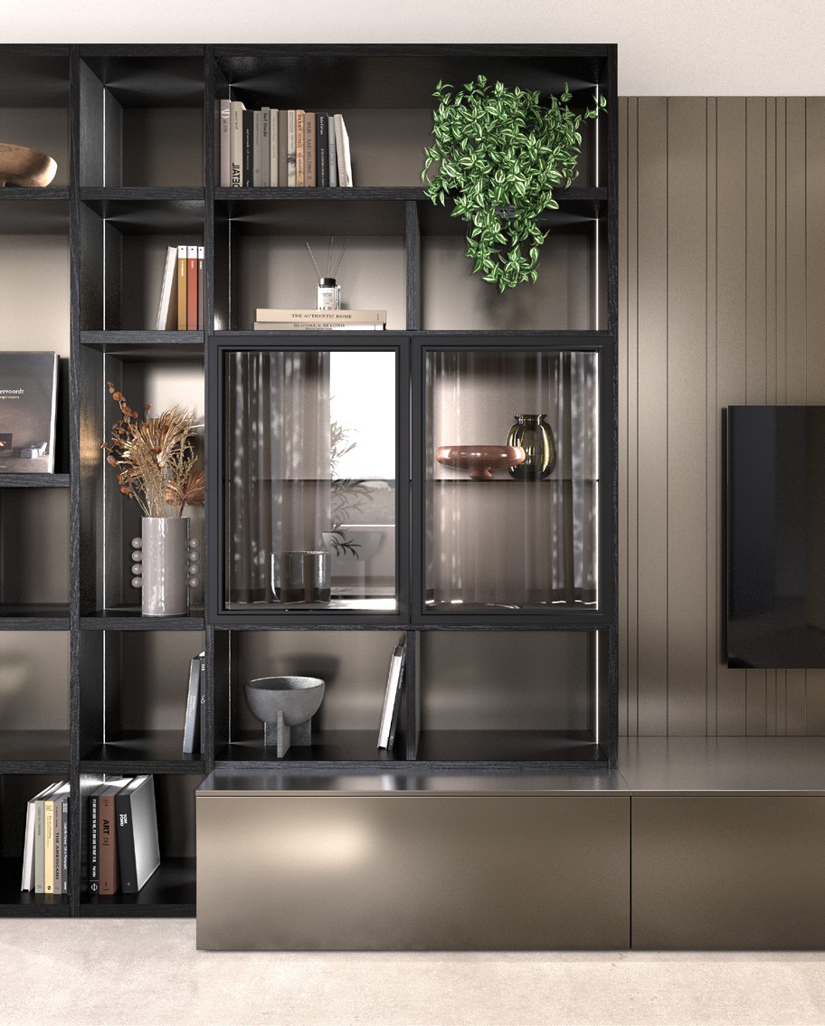 GF Interiors HOUSE OF CONTRABASS — Βιβλιοθήκη διπλής όψης με μεταλλικό πλαίσιο