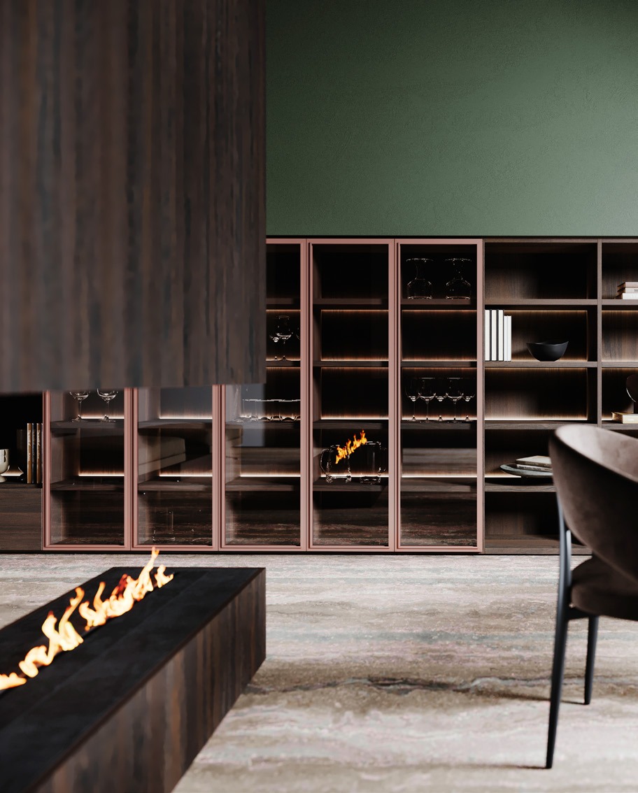 GF Interiors HOUSE OF ELECTRIC GUITAR — Living-room composition with a fireplace and green lacquer