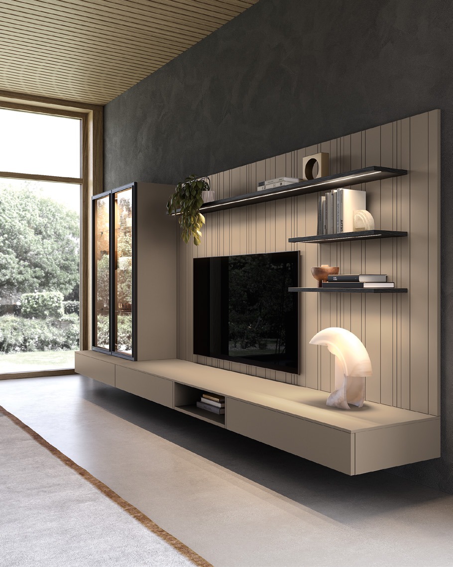GF Interiors HOUSE OF FLUTE — Σύνθεση τοίχου TV με ανοιχτά ράφια