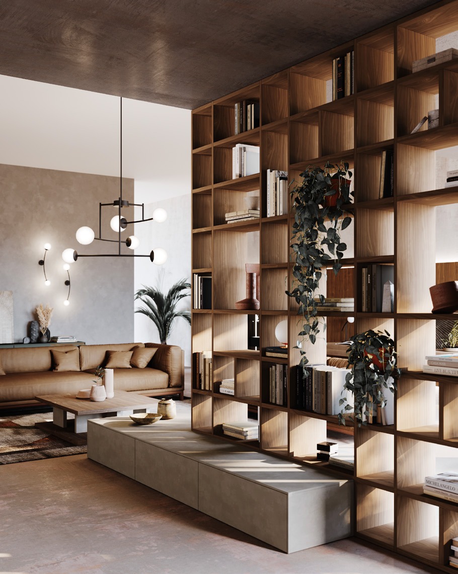 GF Interiors HOUSE OF SAX — Βιβλιοθήκη σε καπλαμά με ενσωματωμένο καθιστικό