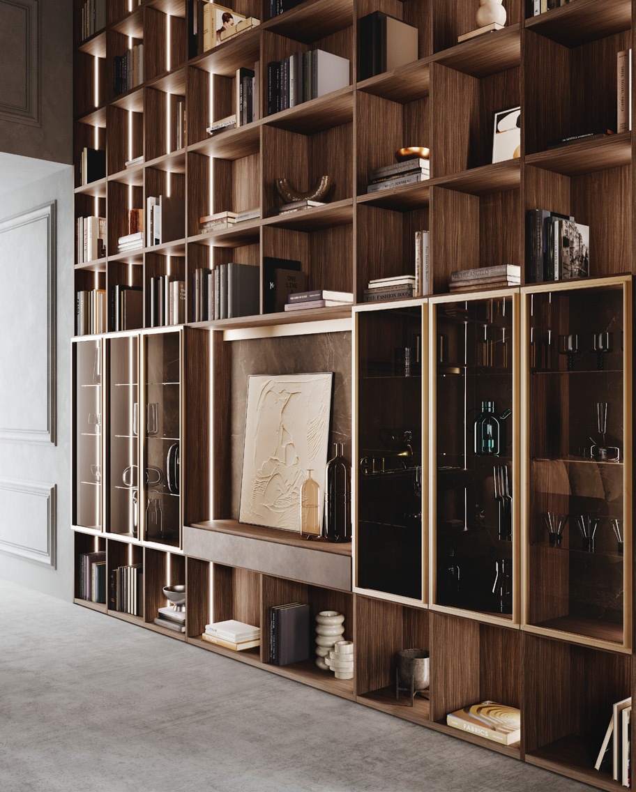 GF Interiors HOUSE OF TROMBONES — Wood bookcase with bronze frames