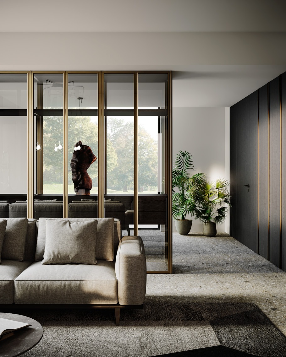GF Interiors HOUSE OF TRUMPET — Γυάλινο διαχωριστικό με μπρονζέ προφίλ στο καθιστικό