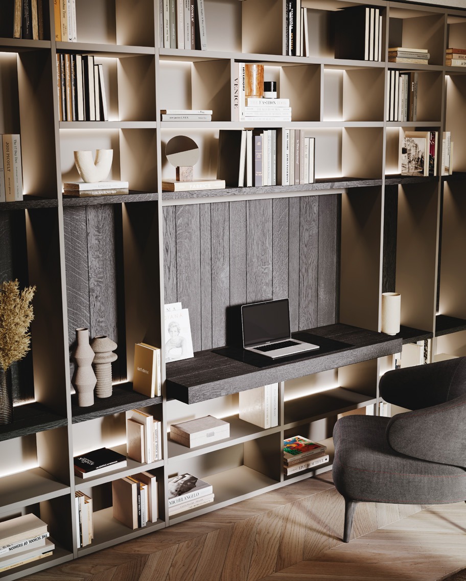 GF Interiors HOUSE OF VOCALS — Floor-to-ceiling bookcase with open modules