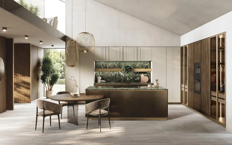GF Interiors FLAT Mercurio island in metallic finish with green marble back panel