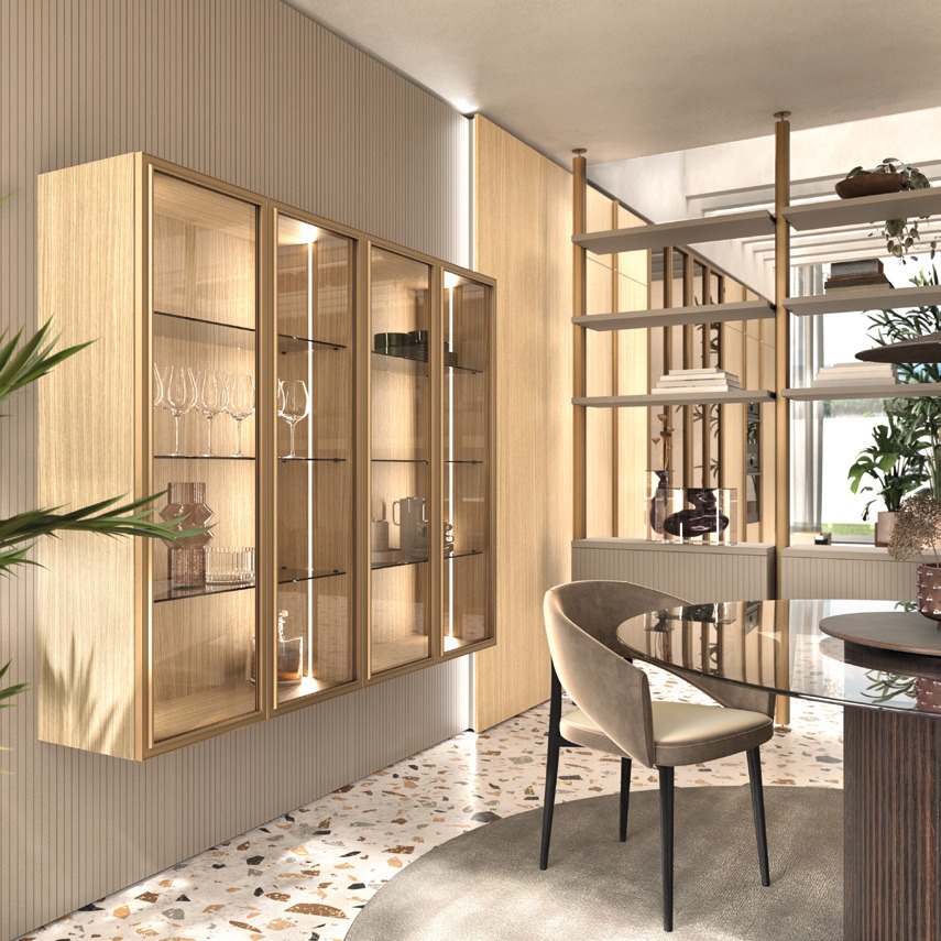 GF Interiors FLAT SAHARA BG — Βιτρίνες Evans Air σε μπρονζέ αλουμίνιο πάνω σε boiserie Always