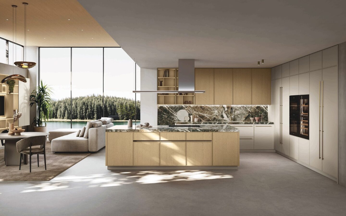 Κουζίνα GF Interiors Skinny σε δρυ Rovere Cloud με πάγκο πορσελάνης σε όψη πέτρας