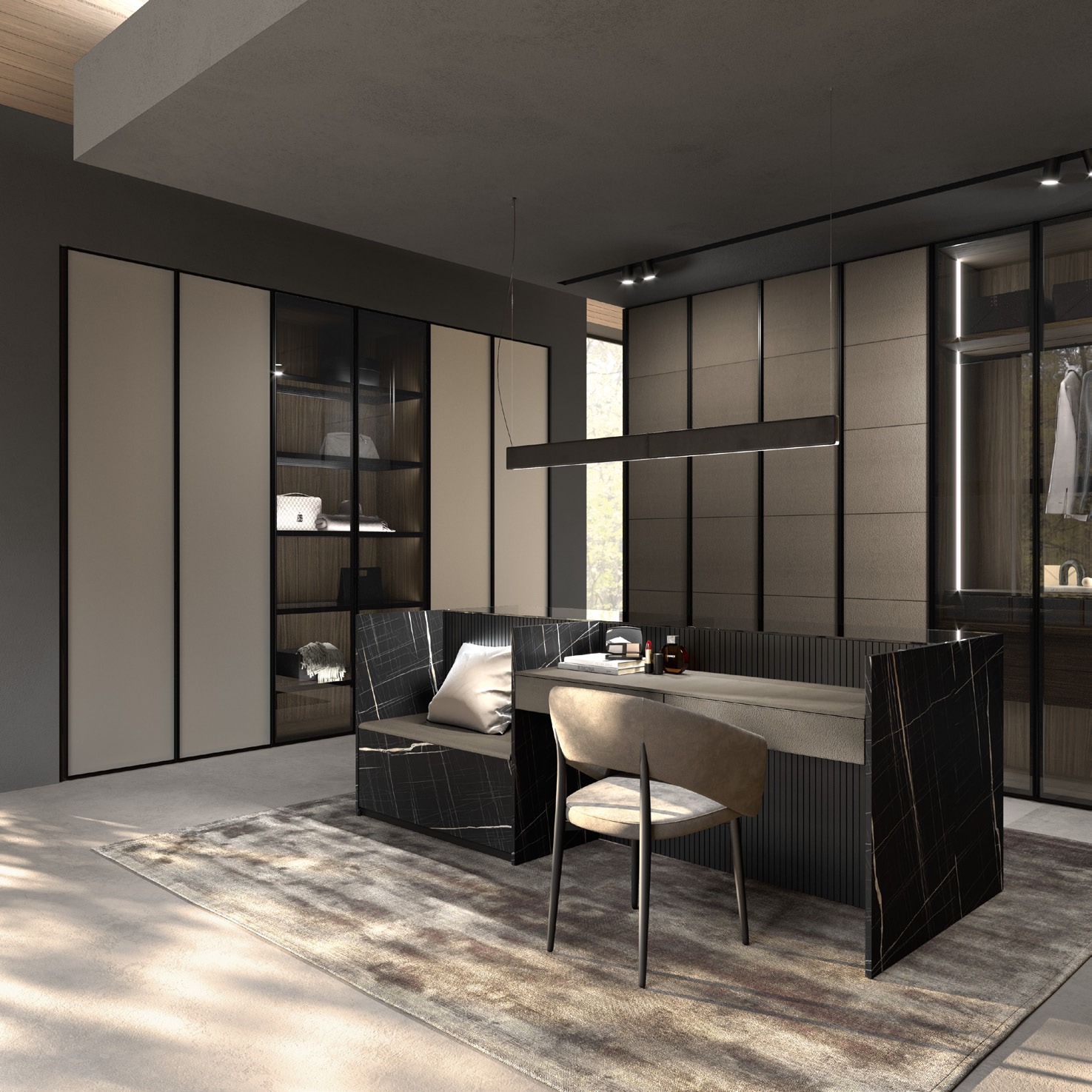 GF Interiors Charme Island — Charme with a ribbed back panel in Nero lacquer and a top in clear smoked glass.