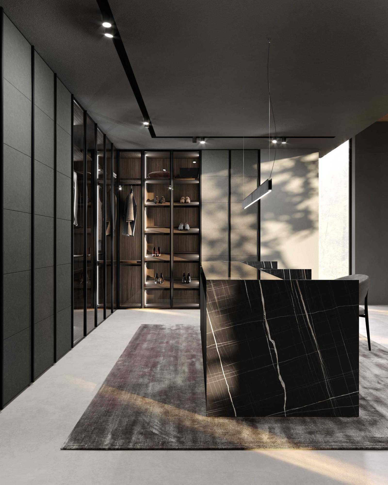 GF Interiors Charme Island — Charme island in a walk-in with a leather armchair and natural light.