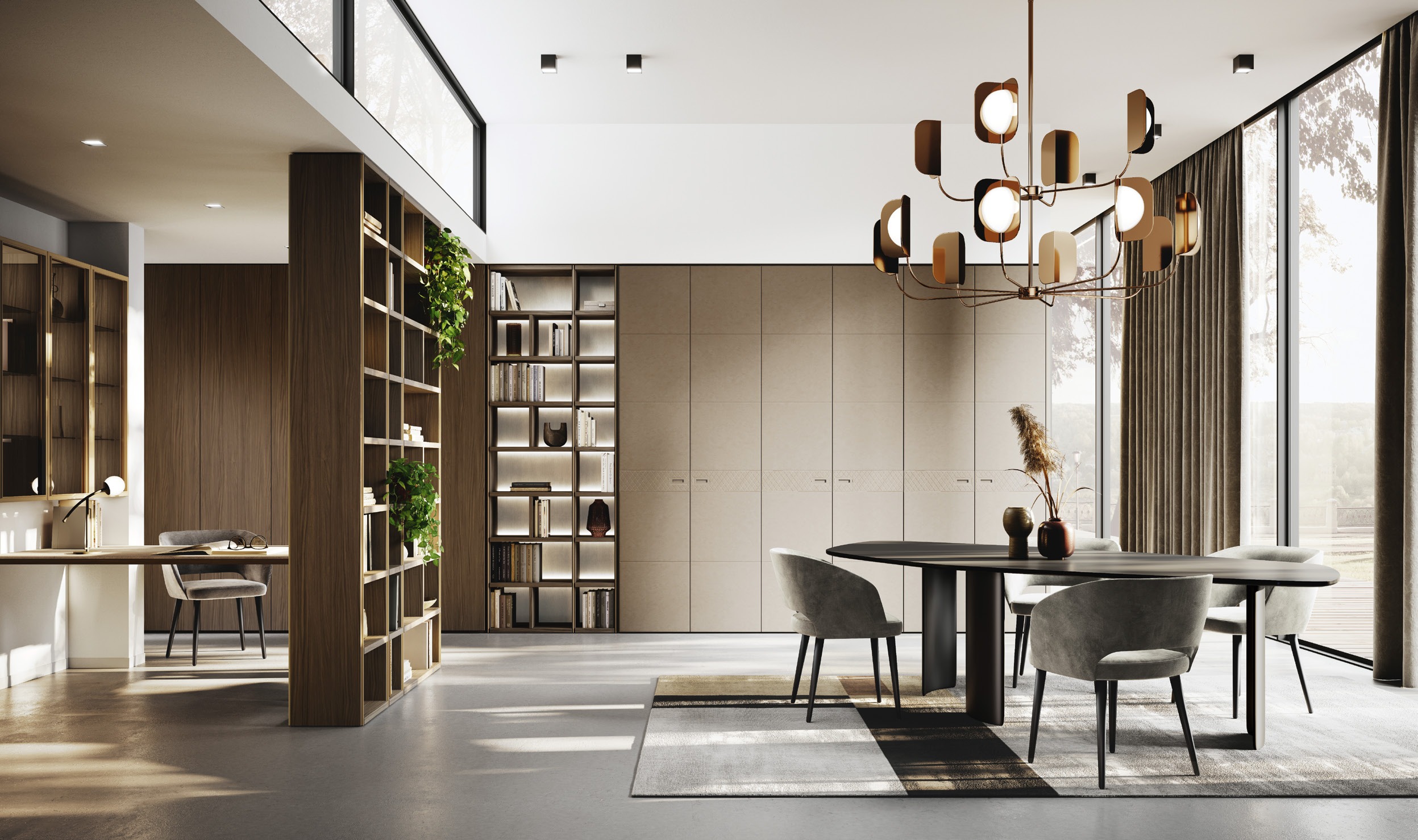 GF Interiors Ellington — Ellington με βιβλιοθήκη, τραπέζι Yass και μπρονζέ κάθετα προφίλ.