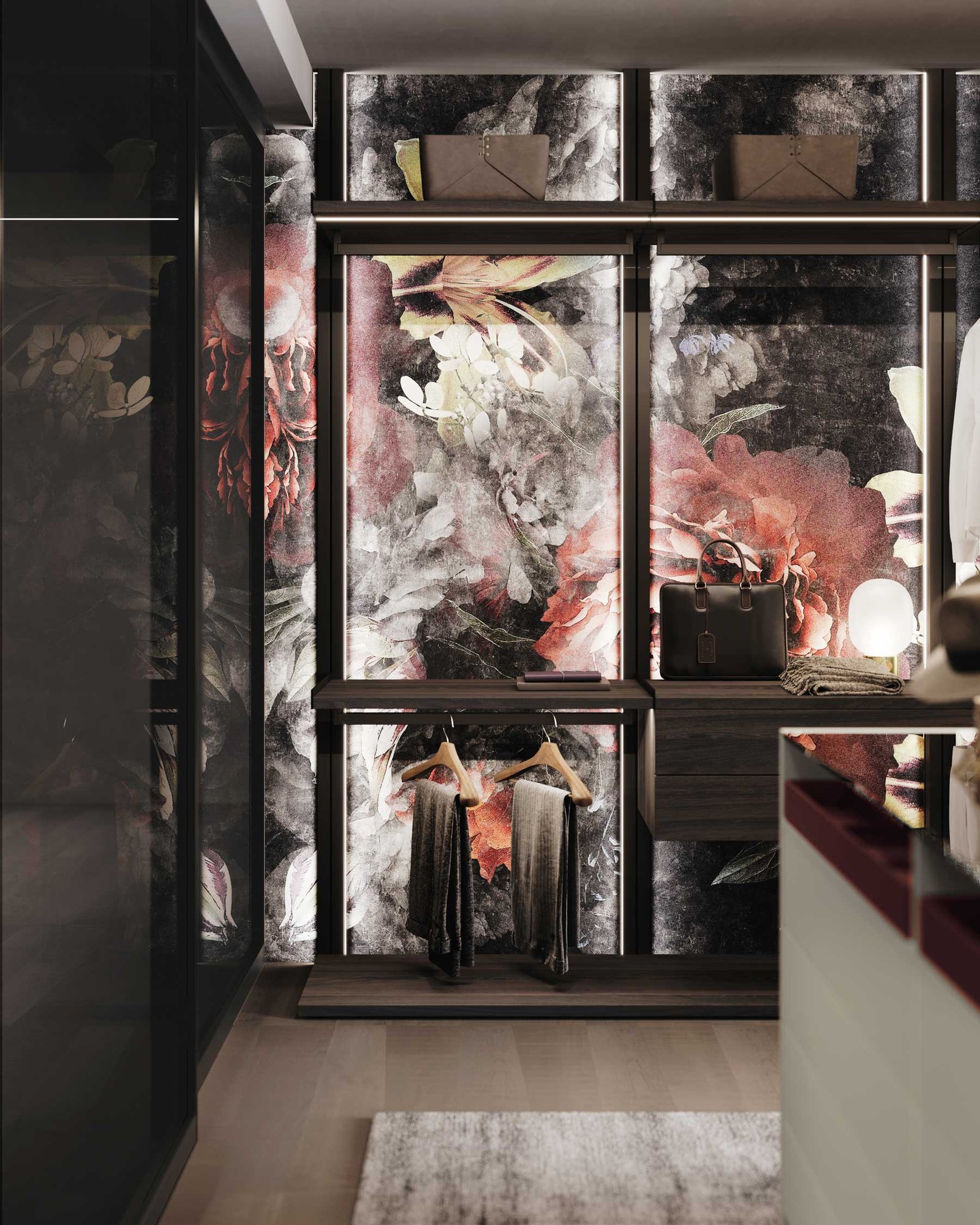 GF Interiors Evidence — Evidence — illuminated display cabinets with clothes and accessories.